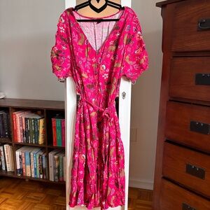 Torrid Pink Leopard Midi Rayon Slub Button Front Tie Dress Women’s Size 4X